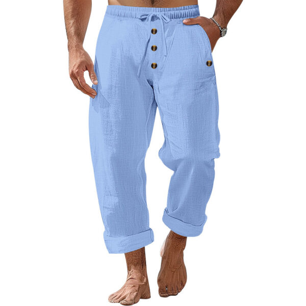 American Beach Pants Solid Color Cotton Linen Loose Drawstring Button Casual Trousers Men