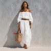Womens Boat-Neck Sleeveless Casual Cotton-Linen Maxi Dress