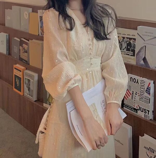 1620381381556.jpg French Puff Sleeve Midi Dress Vintage Designer Women Korean Sequins Dress Elegant Fairy Spring Wedding Party Female Clothes