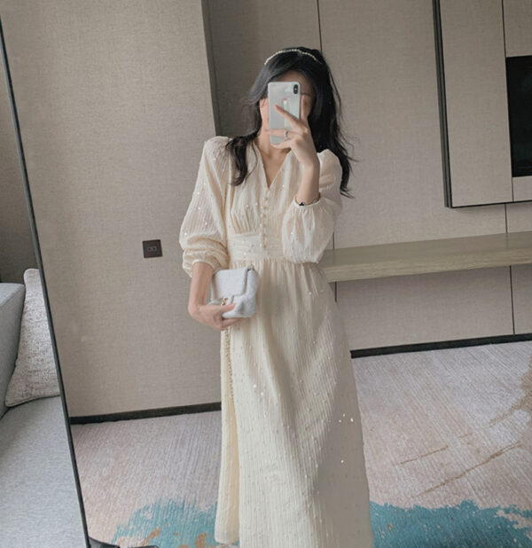 1620381381566.jpg French Puff Sleeve Midi Dress Vintage Designer Women Korean Sequins Dress Elegant Fairy Spring Wedding Party Female Clothes