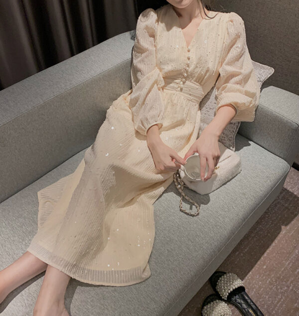 1620381381571.jpg French Puff Sleeve Midi Dress Vintage Designer Women Korean Sequins Dress Elegant Fairy Spring Wedding Party Female Clothes