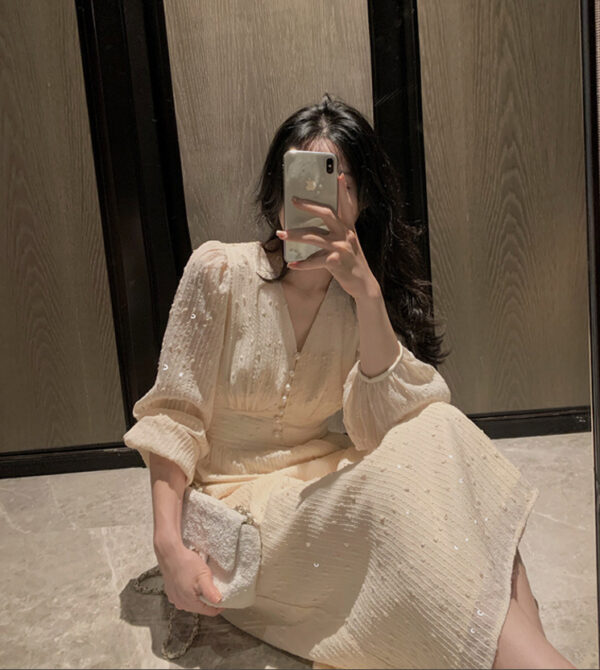 1620381381573.jpg French Puff Sleeve Midi Dress Vintage Designer Women Korean Sequins Dress Elegant Fairy Spring Wedding Party Female Clothes